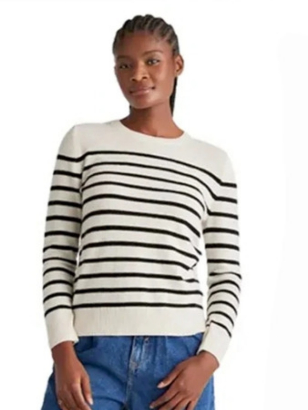 Quince Striped Navy And Cream Cashmere Crew Sweater in Like New Condition XS